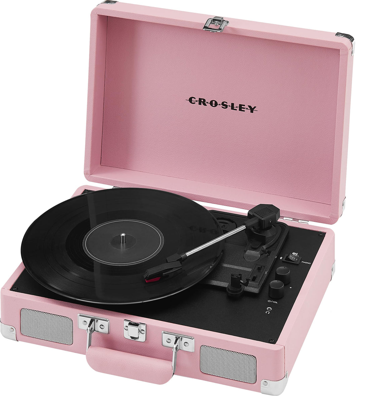 Crosley Cruiser Plus blush open lid reveals easy cueing and playback access