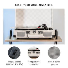 Crosley Cruiser Plus belt-drive mechanism demonstrates three-speed playback