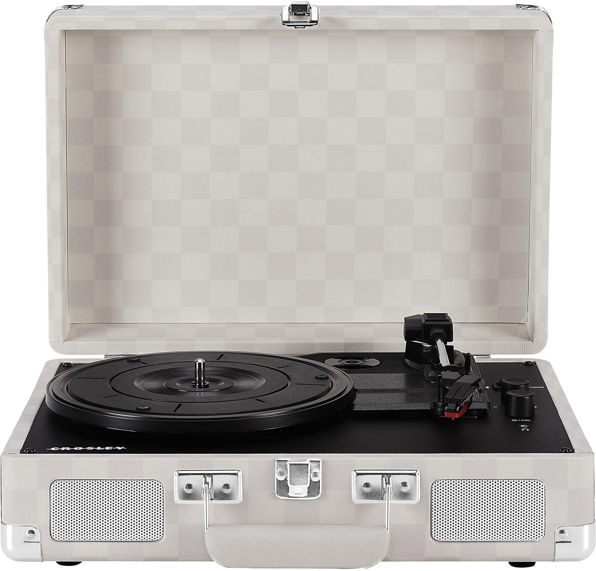 Crosley CR8005F-AC Cruiser Plus front-angle showcases vintage design and portable form