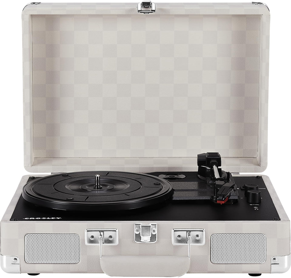 Crosley CR8005F-AC Cruiser Plus front-angle showcases vintage design and portable form