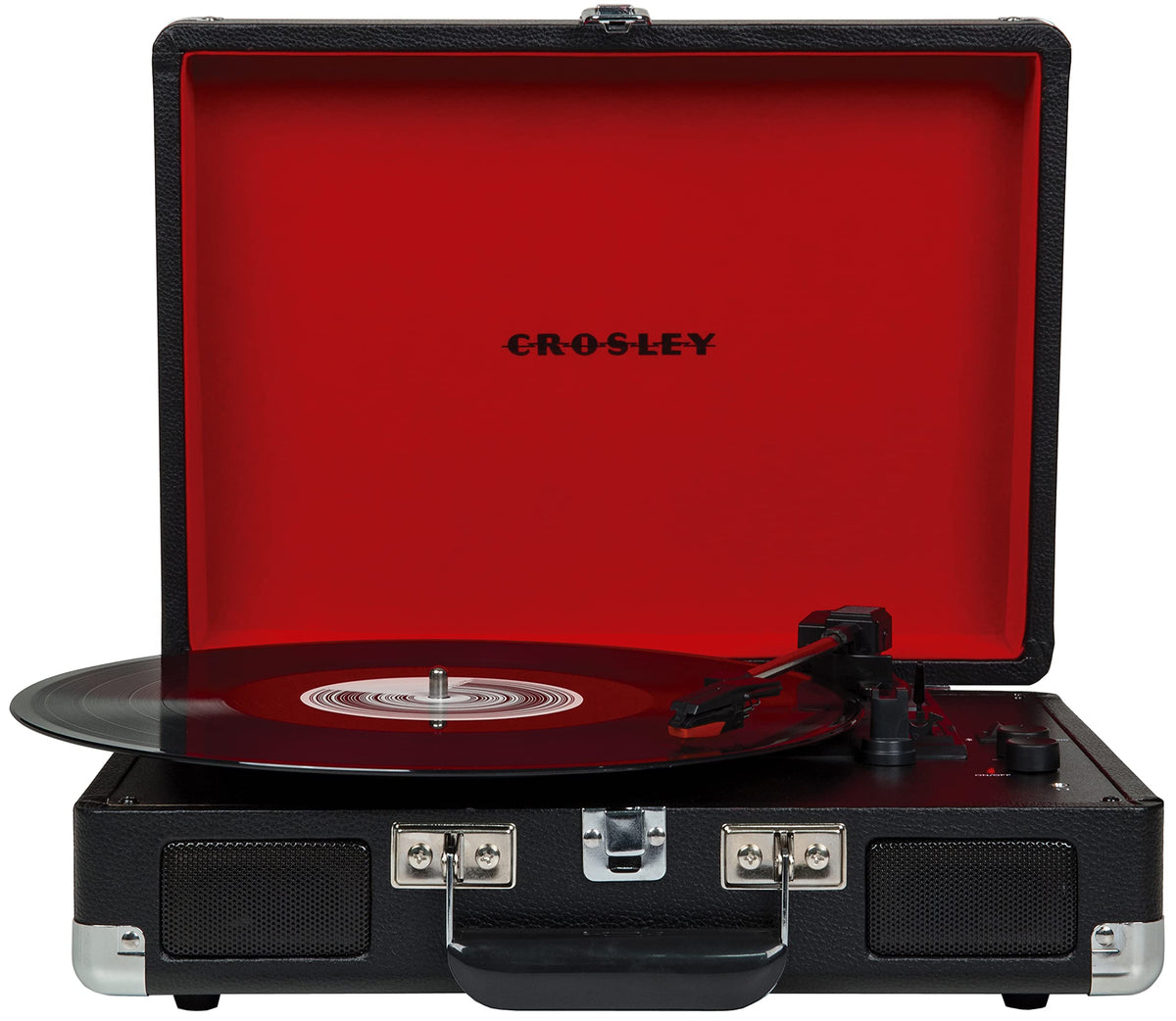 Crosley Cruiser Plus front view with retro case and built-in Bluetooth speakers