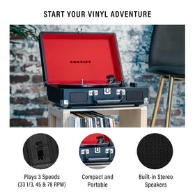 Crosley Cruiser Plus side view highlighting portable suitcase design for easy transport
