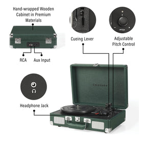 Three-speed turntable in action for versatile vinyl playback.