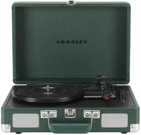 Crosley Cruiser Plus dark emerald front view with portable handle for easy transport.