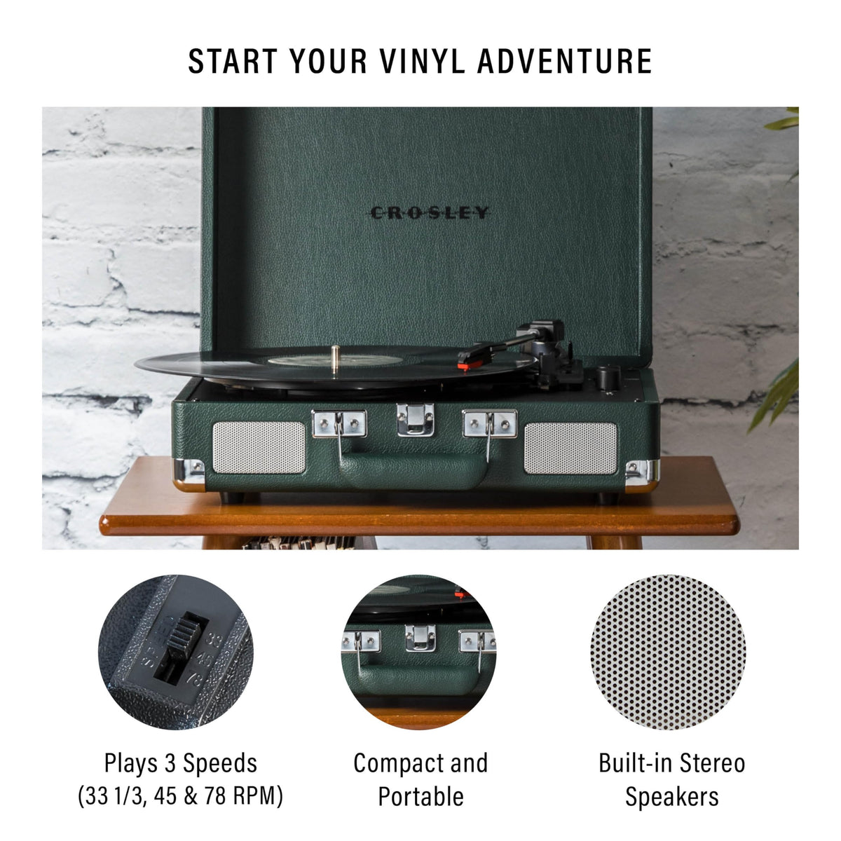 Crosley Cruiser Plus in compact suitcase design ideal for small spaces.