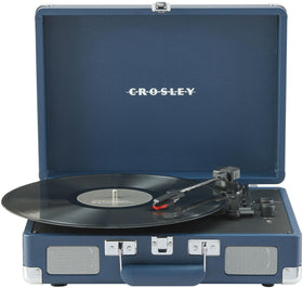 Front view of Crosley CR8005F-IB Cruiser Plus ink blue with built-in speakers for easy listening.