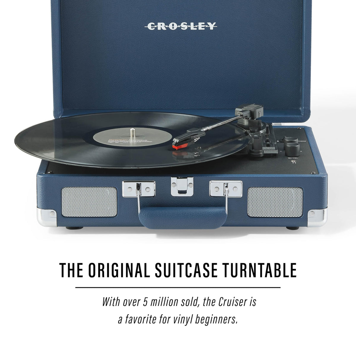 Top view of Crosley CR8005F-IB Cruiser Plus ink blue with portable suitcase handle for travel.