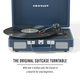 Top view of Crosley CR8005F-IB Cruiser Plus ink blue with portable suitcase handle for travel.
