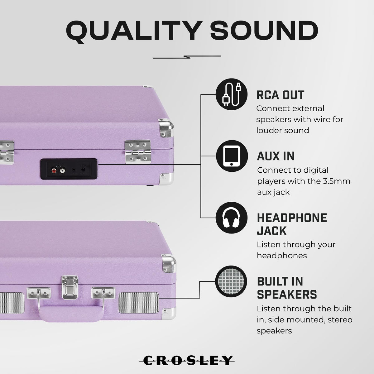 Crosley CR8005F-LN Cruiser Plus lavender Bluetooth symbol for wireless listening
