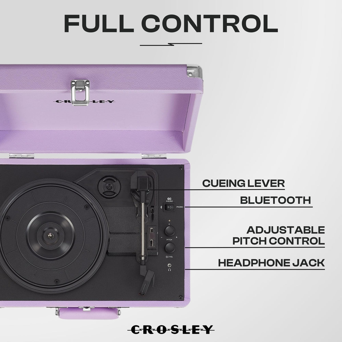 Crosley CR8005F-LN Cruiser Plus lavender in use for casual vinyl playback