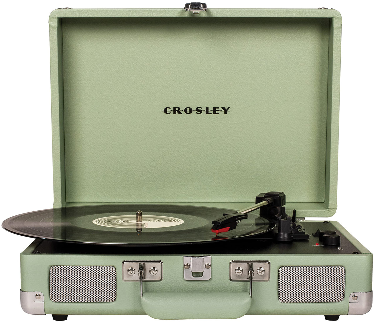 Crosley CR8005F-MT Cruiser Plus front view showing vintage suitcase design for portable listening