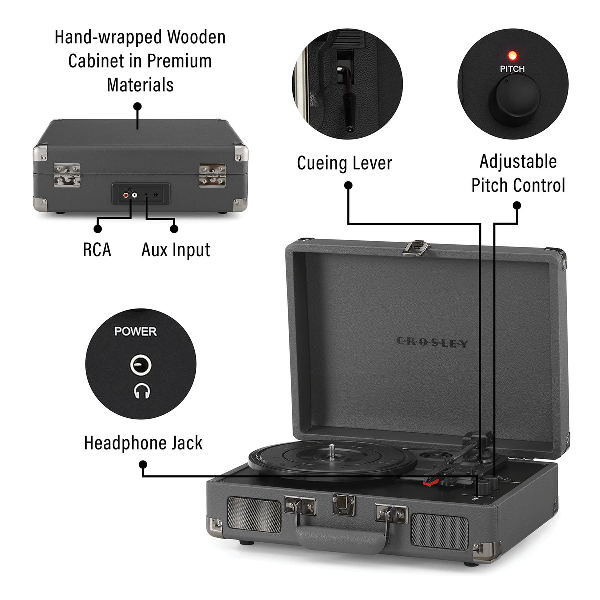 Crosley Cruiser Plus CR8005F-SG Bluetooth connectivity and built-in speakers for wireless streaming