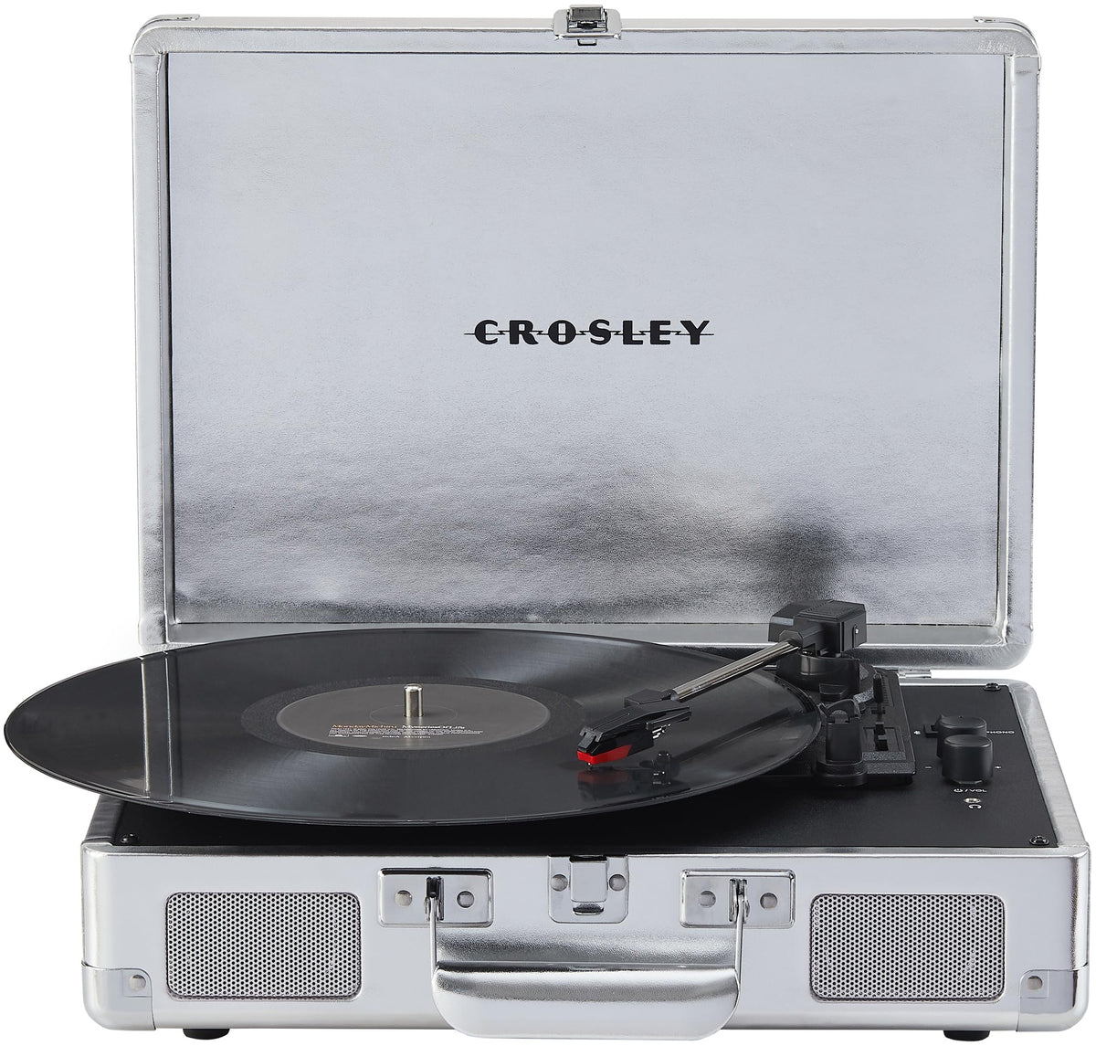 Crosley Cruiser Plus front view in silver showcasing portable suitcase design for on-the-go listening.