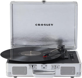 Crosley Cruiser Plus front view in silver showcasing portable suitcase design for on-the-go listening.