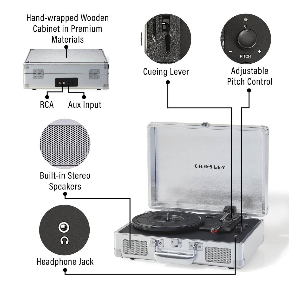 Portable suitcase design with handle ideal for travel and outdoor listening.