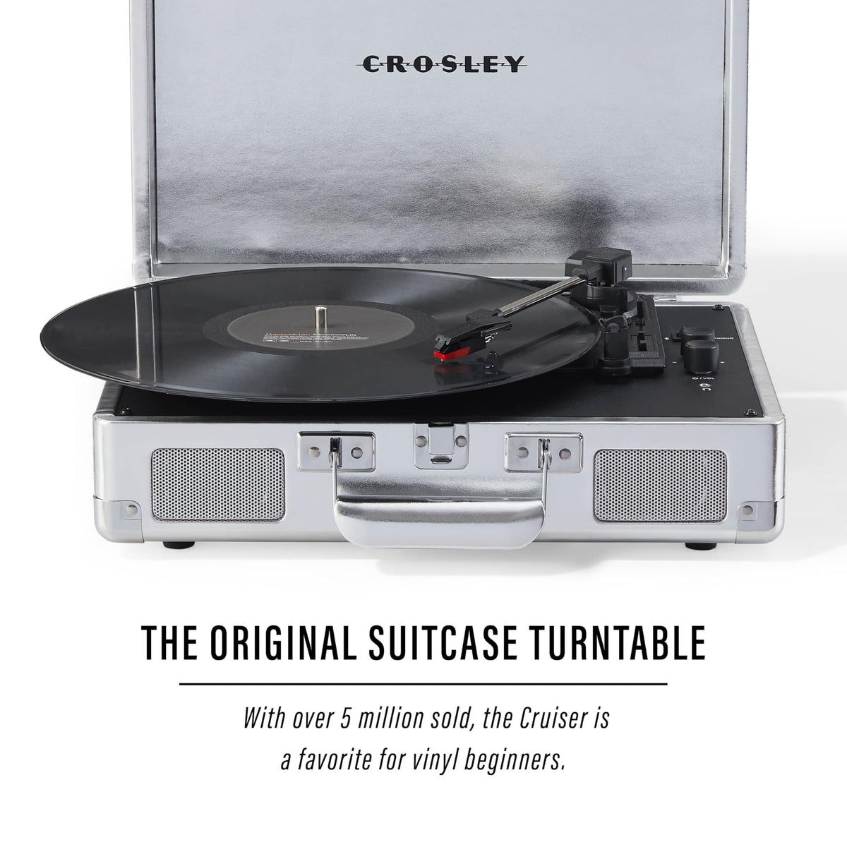 Crosley Cruiser Plus side view highlighting 3-speed belt-drive for versatile vinyl playback.
