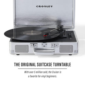 Crosley Cruiser Plus side view highlighting 3-speed belt-drive for versatile vinyl playback.