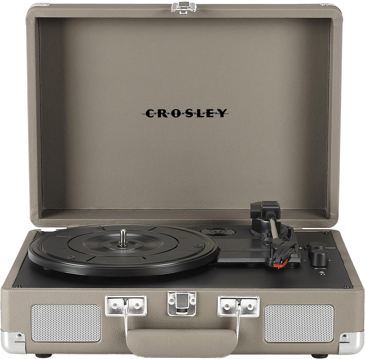 Crosley CR8005F-TE Cruiser Plus turntable in taupe with portable suitcase design.