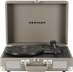 Crosley CR8005F-TE Cruiser Plus turntable in taupe with portable suitcase design.
