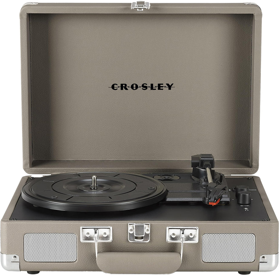 Crosley CR8005F-TE Cruiser Plus turntable in taupe with portable suitcase design.