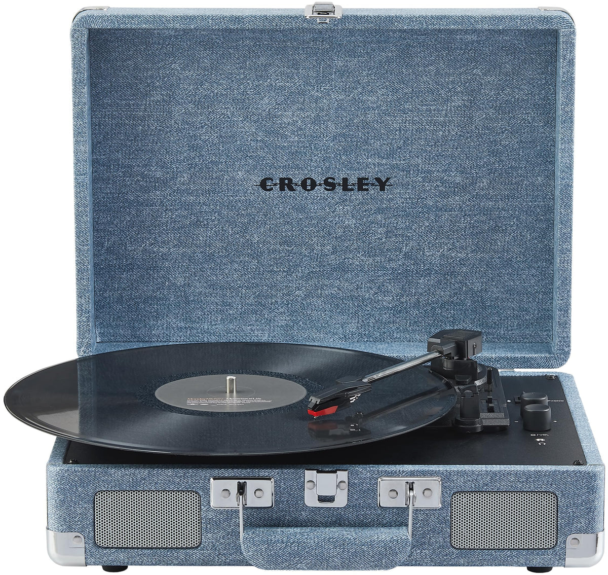 Crosley CR8005F-WD Cruiser outside denim finish showcases vintage style and portable design.