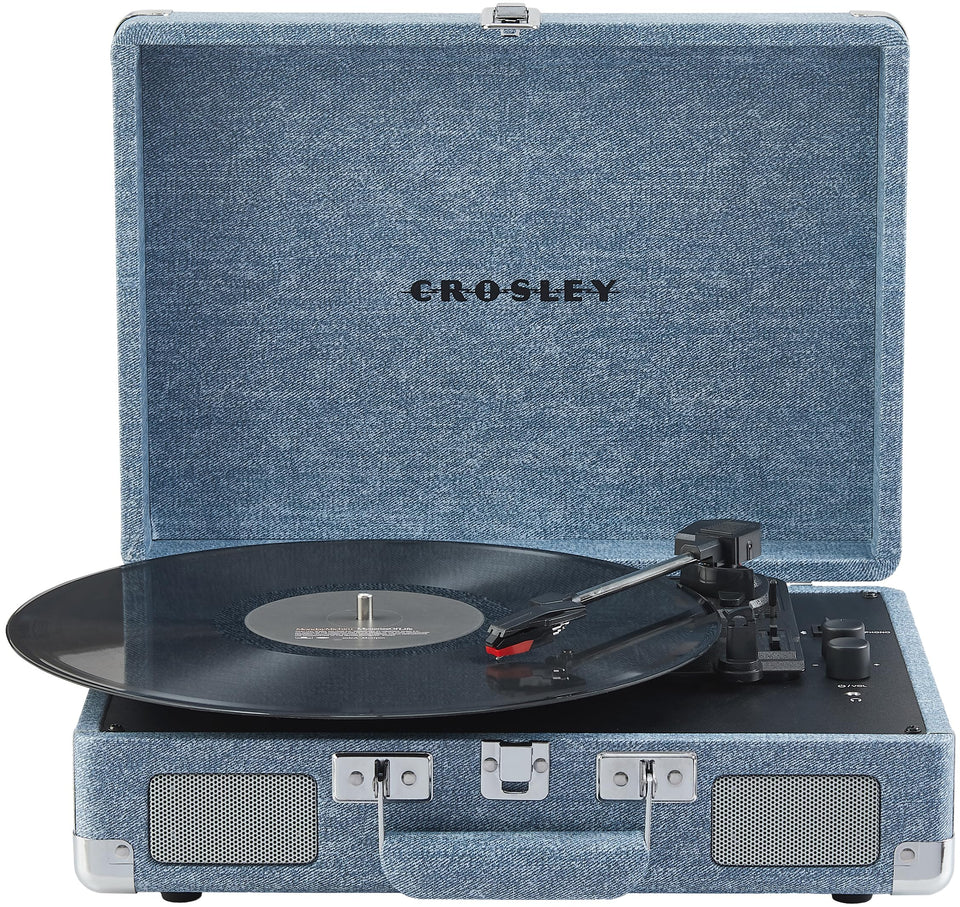 Crosley CR8005F-WD Cruiser outside denim finish showcases vintage style and portable design.