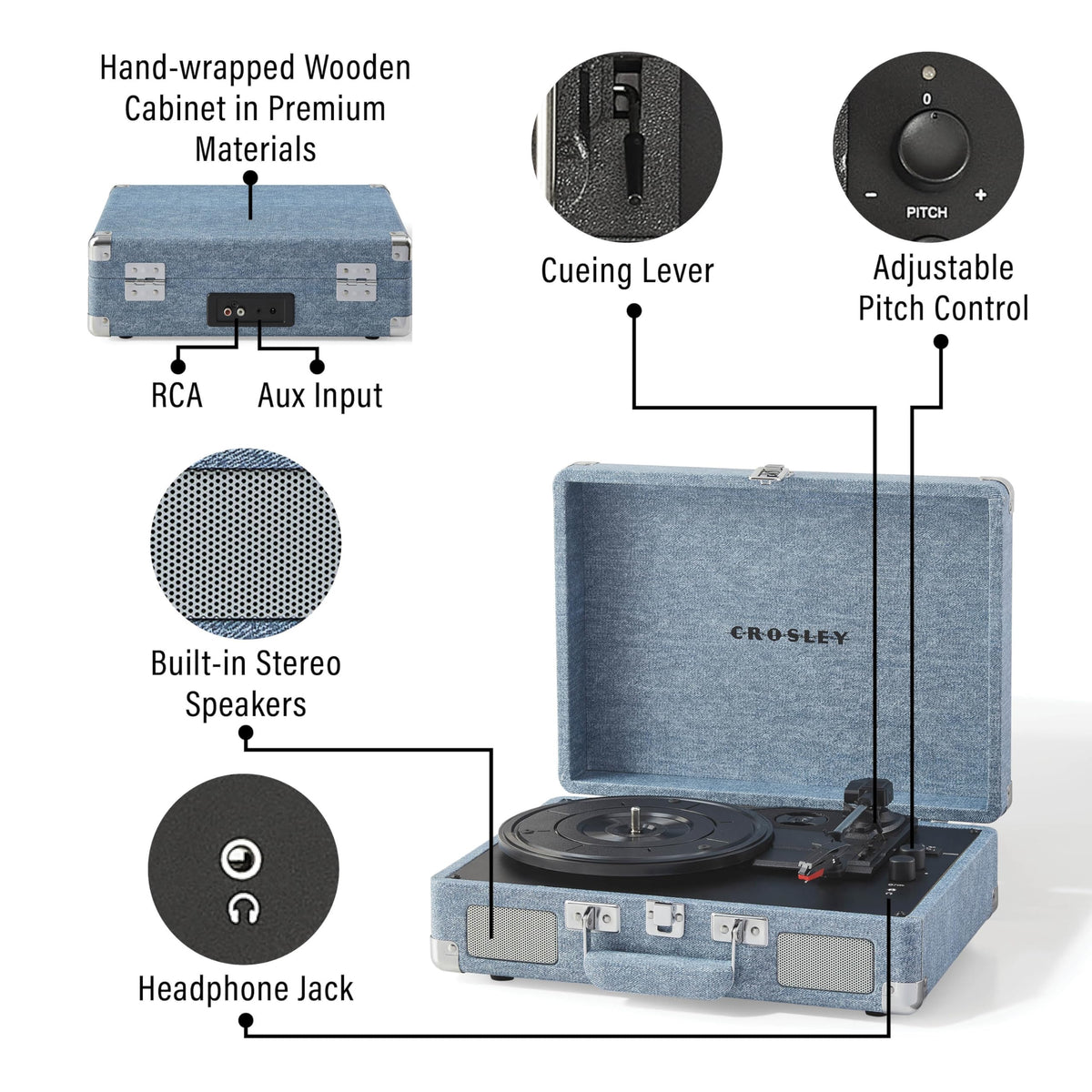 Crosley CR8005F-WD Cruiser built-in speakers for immediate listening.