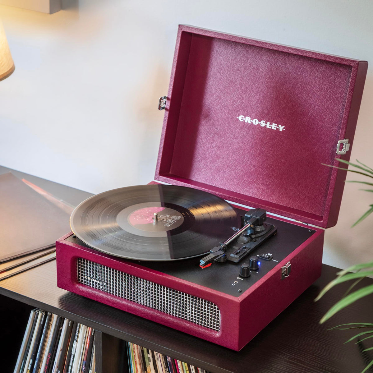 Crosley CR8017B-BU Voyager portable suitcase in burgundy