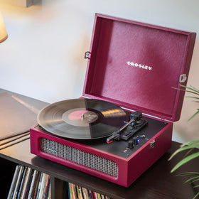 Crosley CR8017B-BU Voyager portable suitcase in burgundy