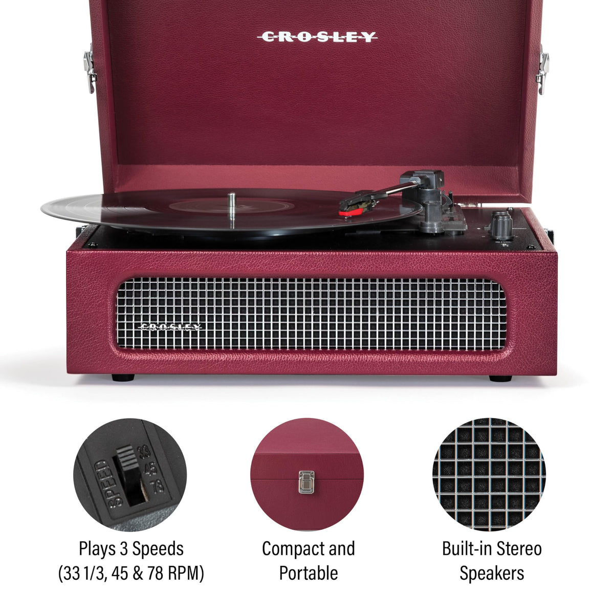 Crosley CR8017B-BU Voyager record on turntable in burgundy finish