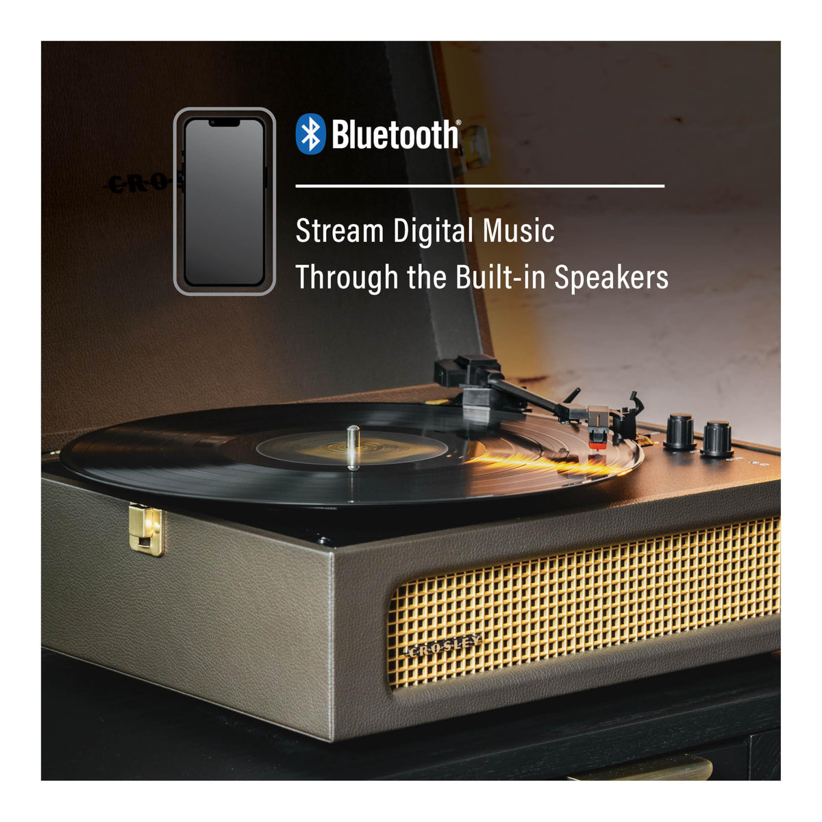 Crosley CR8017B-CO Voyager Bluetooth connectivity enables wireless streaming to speakers.