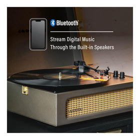 Crosley CR8017B-CO Voyager Bluetooth connectivity enables wireless streaming to speakers.