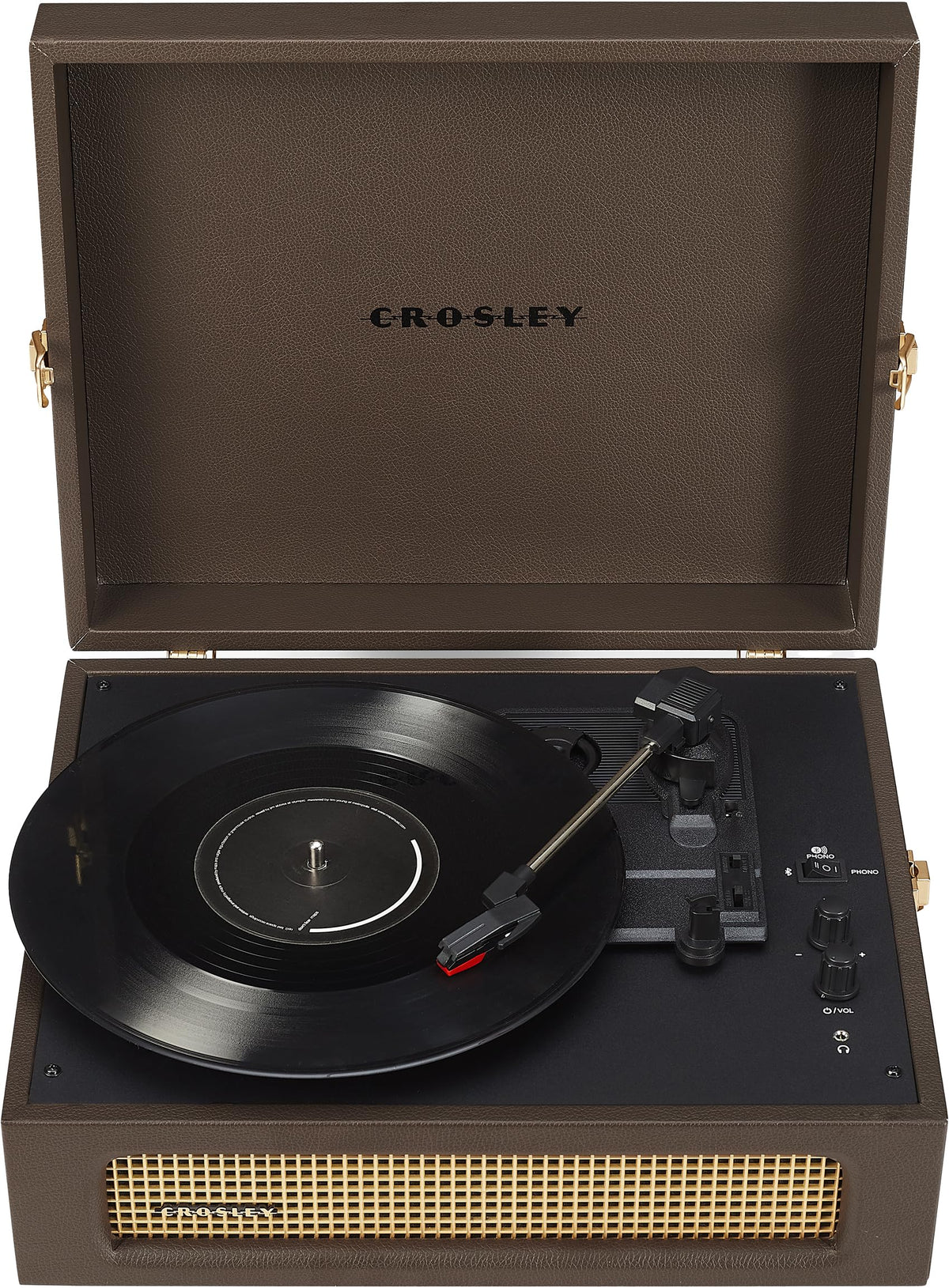 Crosley CR8017B-CO Voyager cocoa finish closeup showing vintage detailing.