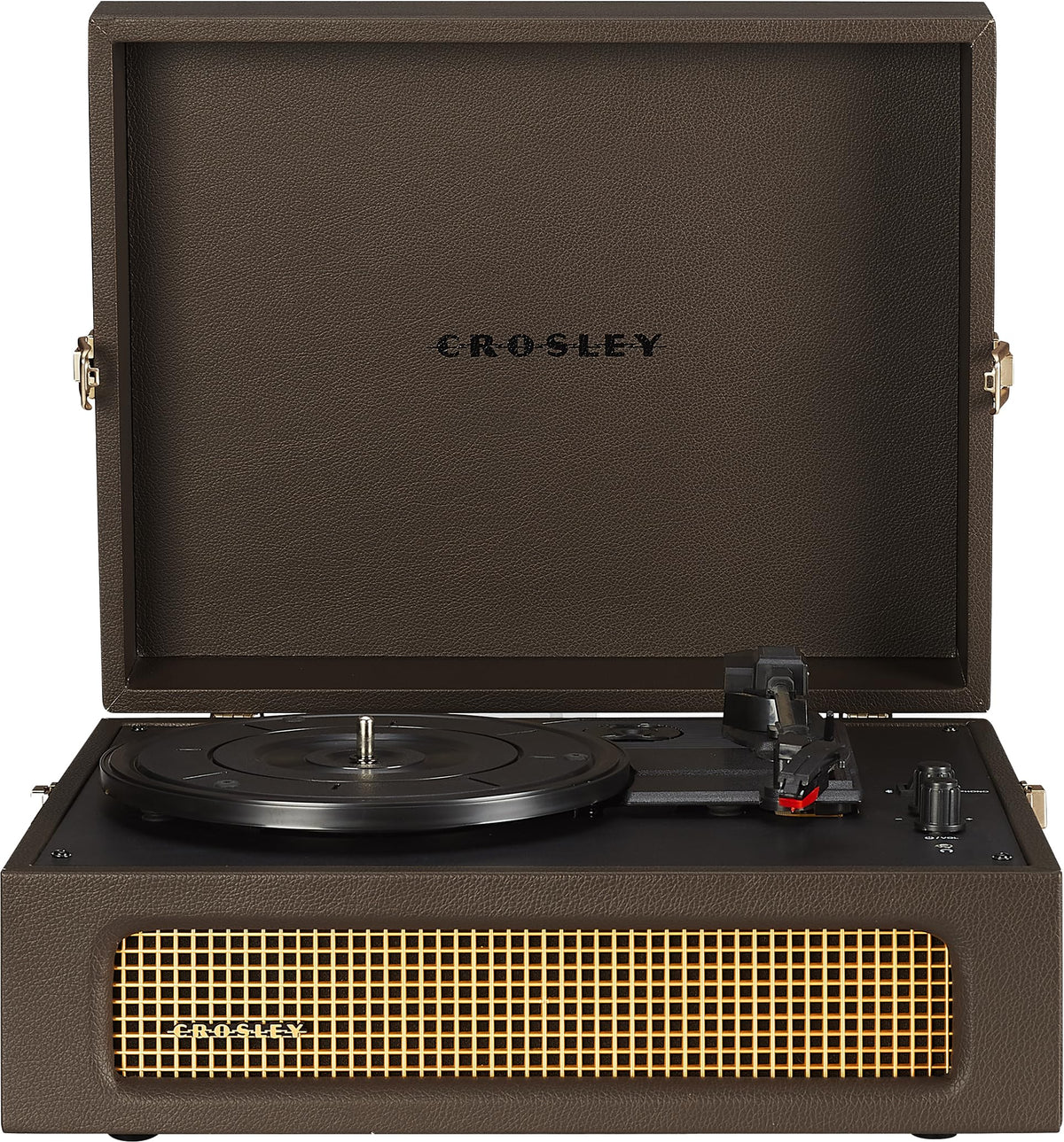 Crosley CR8017B-CO Voyager front view shows classic cabinet with built-in speakers for immediate listening.