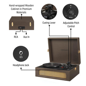 Crosley CR8017B-CO Voyager platter belt-drive detail emphasizes stable, vinyl-friendly playback.