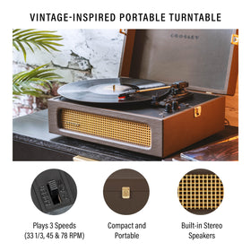 Crosley CR8017B-CO Voyager top view highlights portable suitcase design for easy transport.