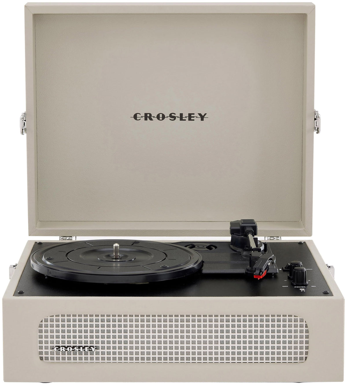 Crosley CR8017B-DU Voyager front view in Dune color highlighting the portable design.