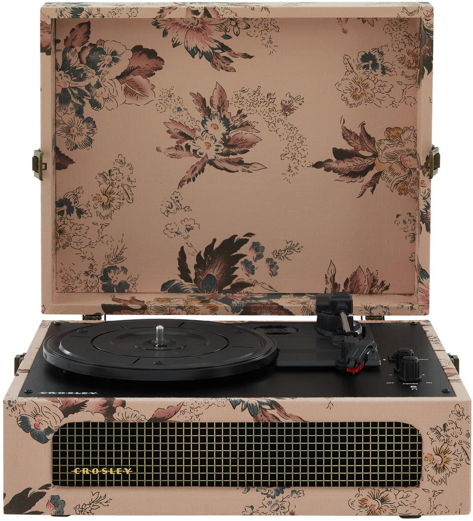 Crosley CR8017B Voyager floral front view shows vintage styling and portability.