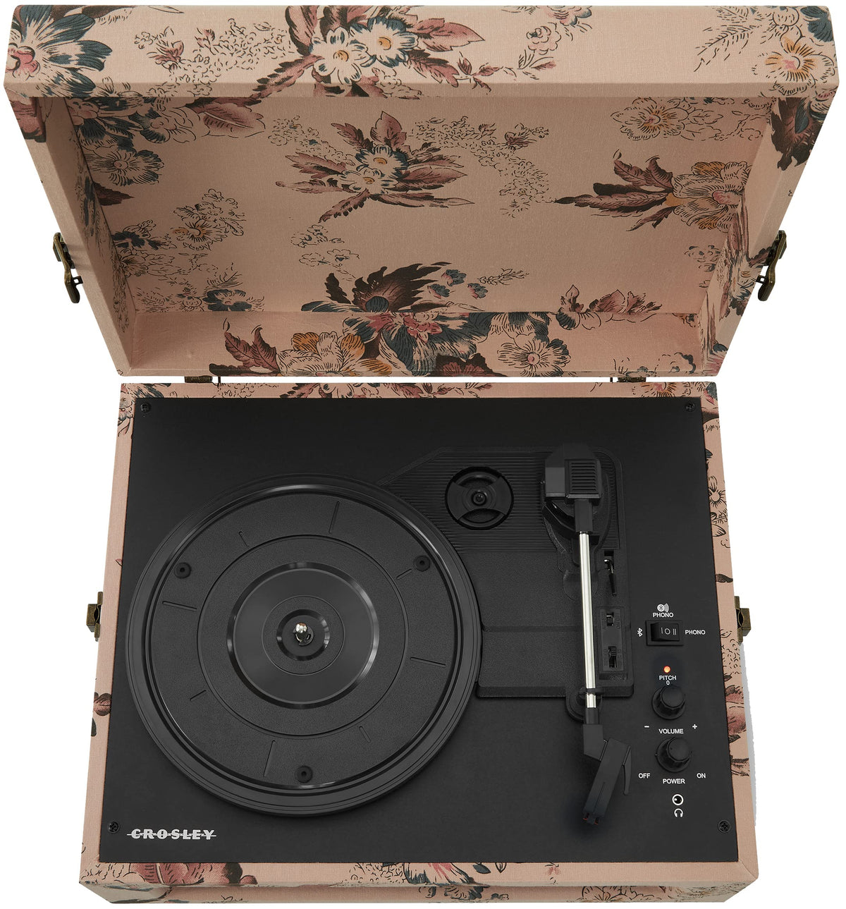 Crosley CR8017B Voyager floral pattern detail enhances vintage charm.