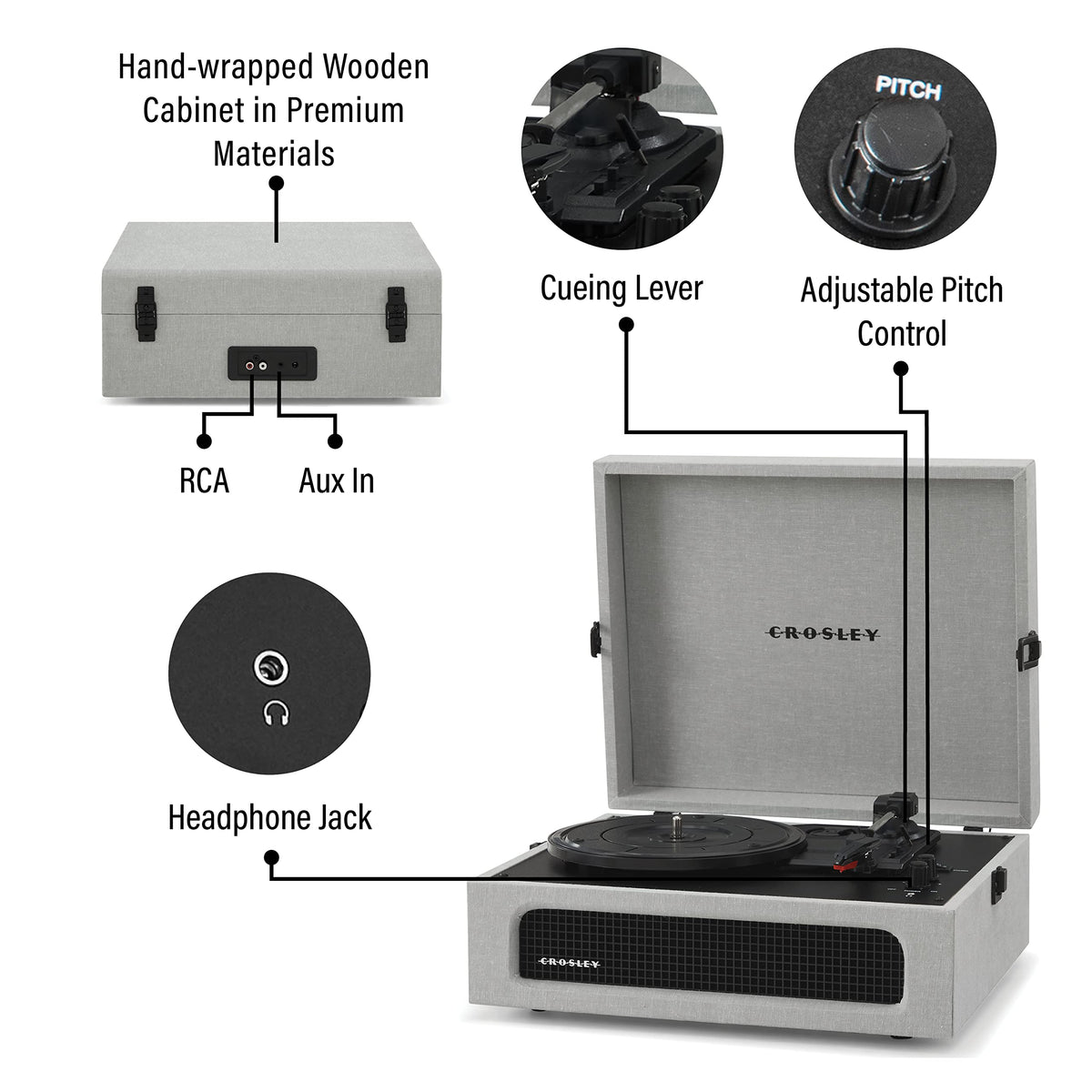 Crosley CR8017B-GY Voyager dial and tonearm details with adjustable pitch control