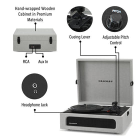 Crosley CR8017B-GY Voyager dial and tonearm details with adjustable pitch control