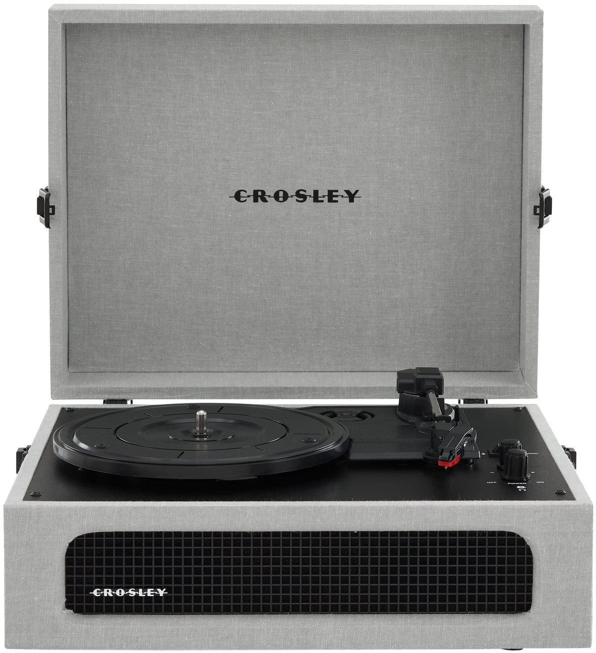 Crosley CR8017B-GY Voyager side view showcasing portable vintage design with built-in speakers