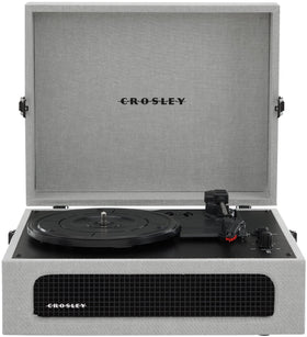 Crosley CR8017B-GY Voyager side view showcasing portable vintage design with built-in speakers