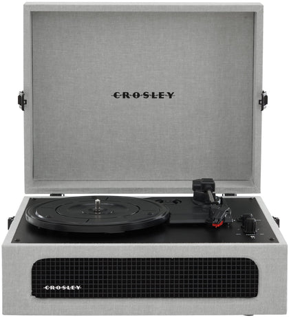 Crosley CR8017B-GY Voyager side view showcasing portable vintage design with built-in speakers