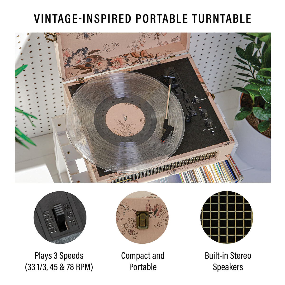 Crosley CR8017B Voyager lid-open view for easy vinyl access.