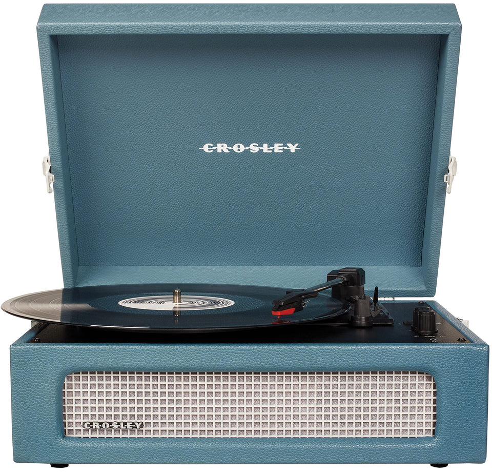 Crosley Voyager CR8017B-WB front view in blue showing vintage case for portable listening