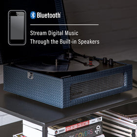 Bluetooth connectivity enables wireless streaming to speakers or the built-in speakers