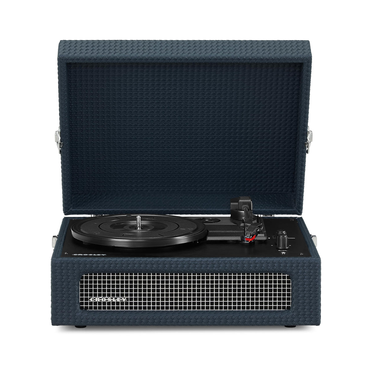Crosley Voyager front view in navy, classic aesthetics with portable listening appeal