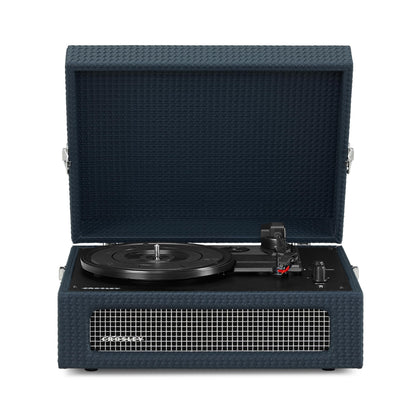 Crosley Voyager front view in navy, classic aesthetics with portable listening appeal