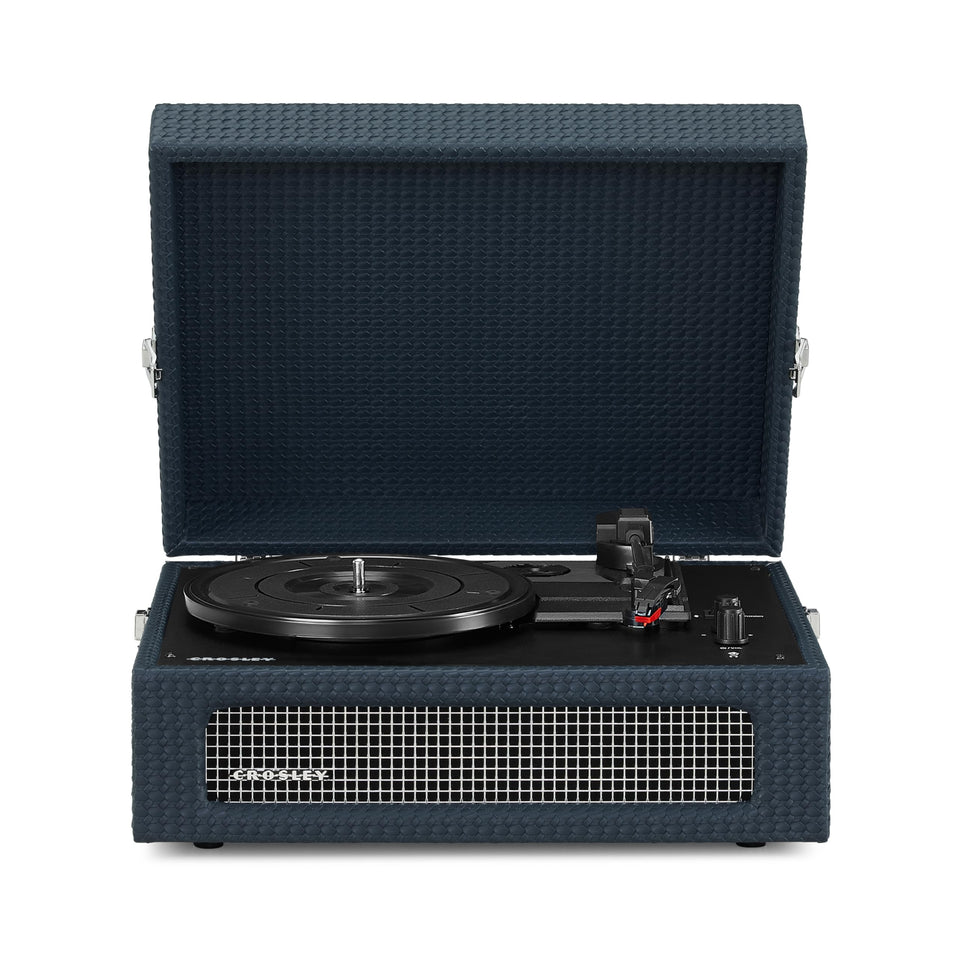 Crosley Voyager front view in navy, classic aesthetics with portable listening appeal